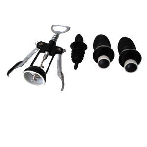 Two Wine stoppers, one corkscrew tool and one Pouring tip for drinks